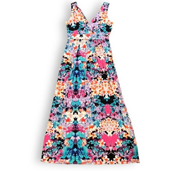 Nicole Miller Y2K Babydoll Maxi Dress Medium Abstract Multicolor Tropical Fairy - Picture 2 of 9